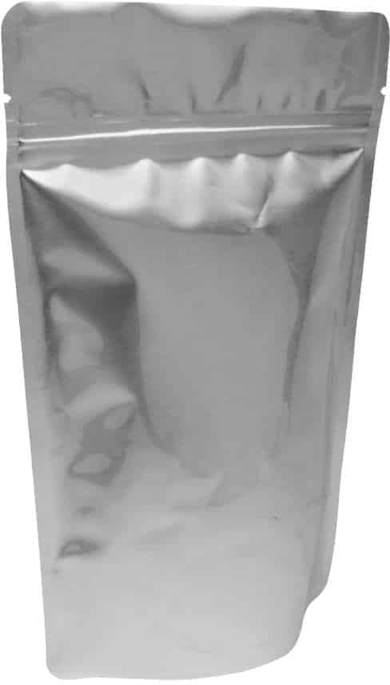 Silver 16 oz. Stand Up Pouch with Valve Front Side 16 oz. Stand Up Zipper Pouch Bags with valve - 7x11 1/2 + 4 SILVER - PET/ALU/LLDPE Front Side