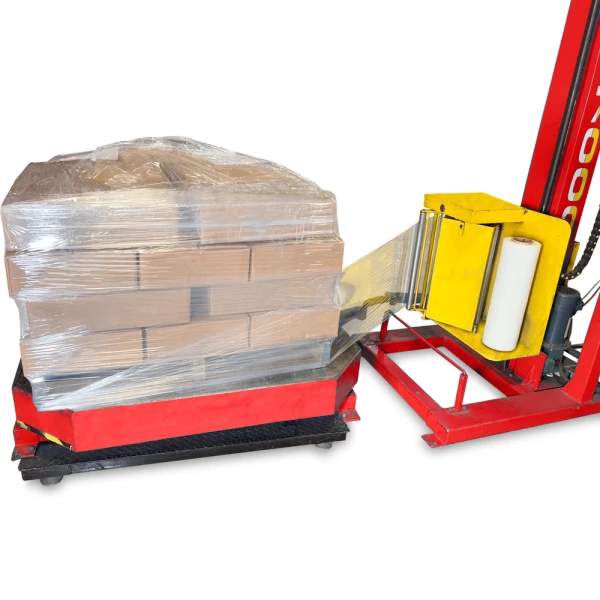 20x6000 80 Ga Blown Machine Stretch Film on Machine 80ga 20 x 6000 Blown Stretch Wrap on Red Stretch Wrap Machine in Warehouse
