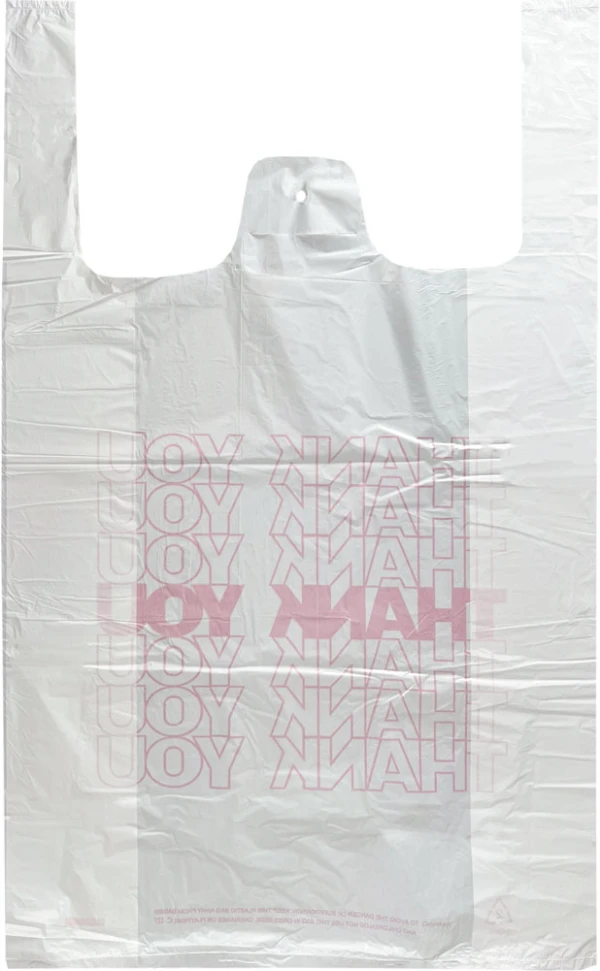 18 x 8 x 28 Retail Thank You Bags 0.65 Mil Back Back of 18 x 8 x 28 HDPE Plastic Large Thank You Take Out Bags