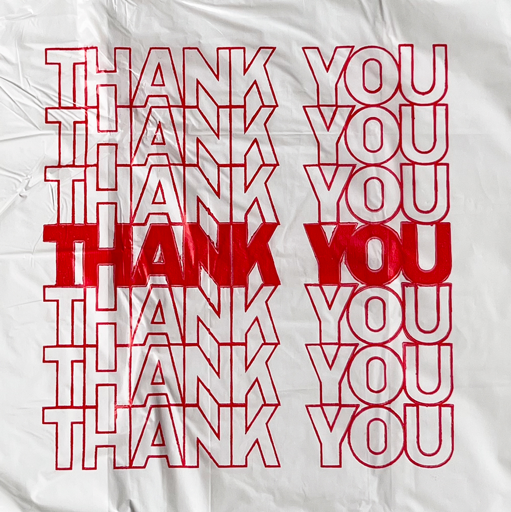 Close up of 6 x 3 x 12 Thank You Shopping Bags 0.65 Mil Thank You Print on Front of Bag