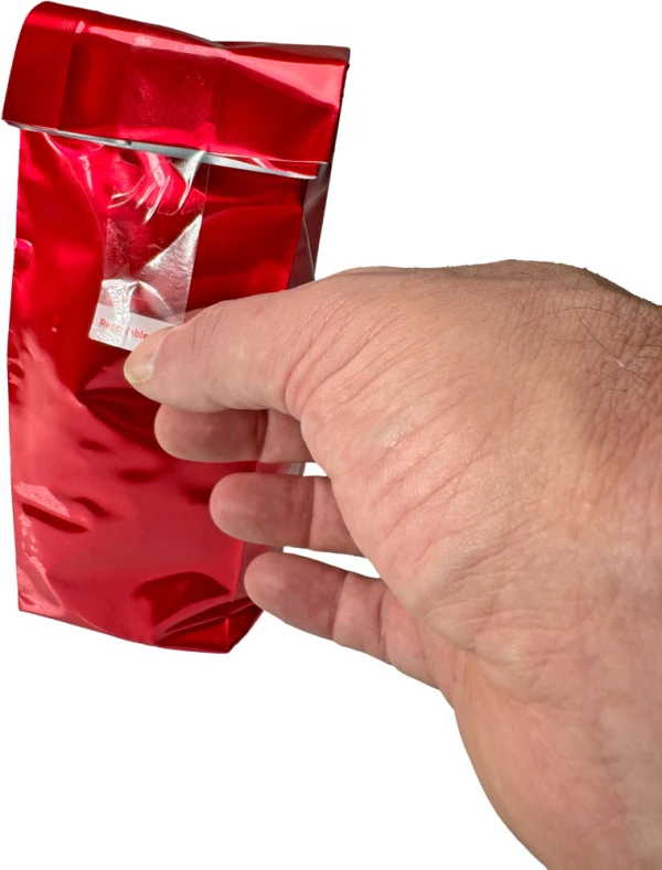 1 x 3.5 Resealable Tape Strips for Laminated Bags Applied to Bag 1 x 3.5 Reusable Tape Strips for Bag Sealing Applied to Bag