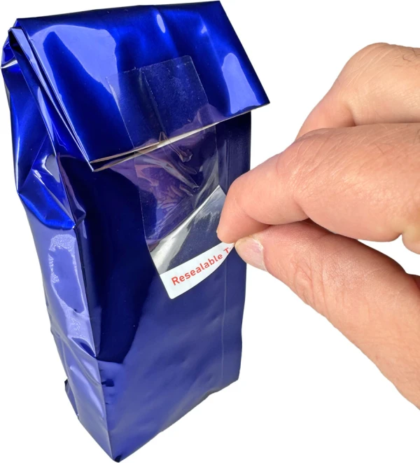 1.5 x 3.5 Resealable Tape Strips for Laminated Bags - 1000/Roll Applied on Bag 1.5 x 3.5 Reusable Tape Strips for Bag Sealing - 1000/Roll Applied on Bag