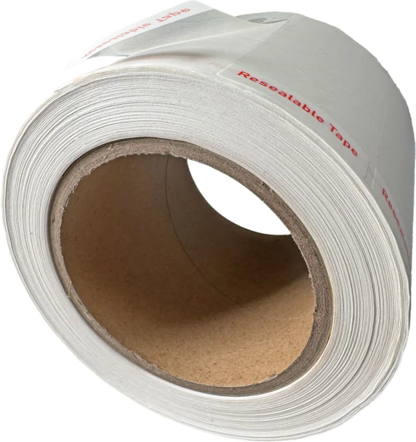 1.5 x 3.5 Resealable Tape Strips for Laminated Bags - 1000/Roll Tab Tab of 1.5 x 3.5 Reusable Tape Strips for Bag Sealing - 1000/Roll