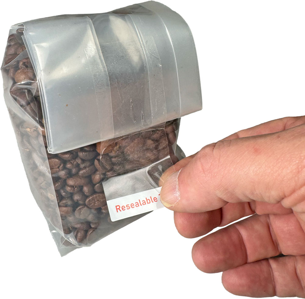 1.5 x 3.5 Reusable Tape Strips for Bag Sealing - 500/Roll Applied to Bag