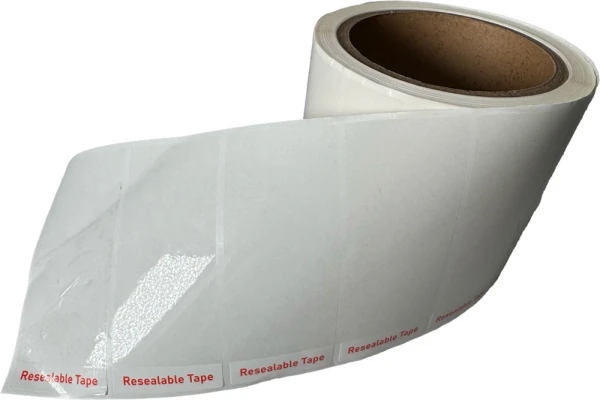 1.5 x 3.5 Resealable Tape Strips for Laminated Bags - 500/Roll 1.5 x 3.5 Reusable Tape Strips for Bag Sealing - 500/Roll