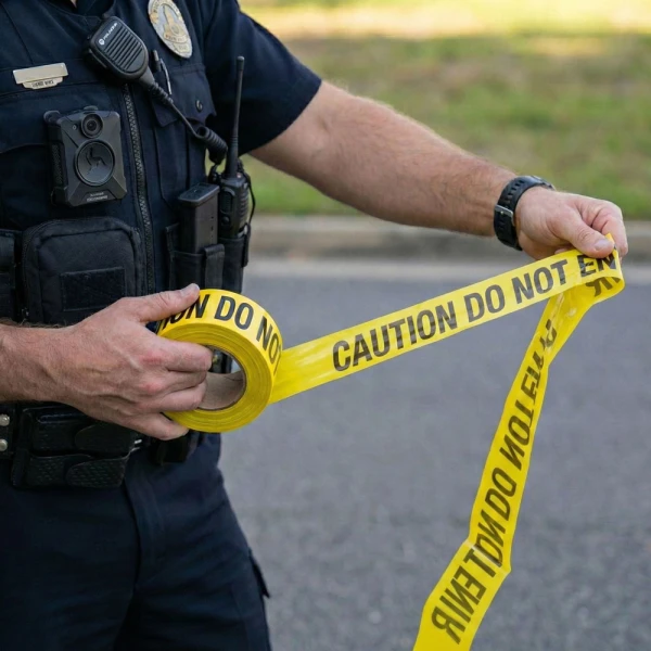 3 x 1000 CAUTION DO NOT ENTER Barricade Tape - 3 Mil Yellow 3 x 1000 CAUTION DO NOT ENTER Barricade Tape - 3 Mil Being Unwound by Police Officer