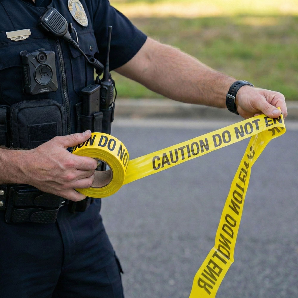 Yellow 3 x 1000 CAUTION DO NOT ENTER Barricade Tape - 3 Mil Being Unwound by Police Officer