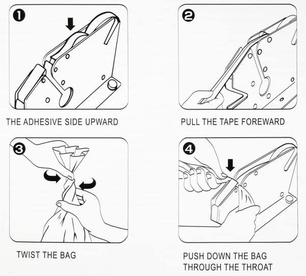 Bag Taper Instructions 3-8 inch Capacity Bag Sealing Metal Tape Dispenser Instructions