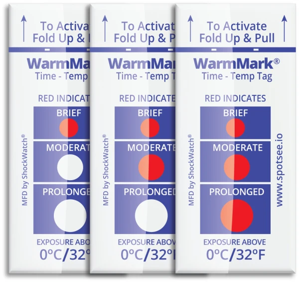 WarmMark Temperature Indicator 0C / 32F WarmMark Temperature Indicator Exposed to Temperatures Greater than 0C / 32F and indicated with red dots