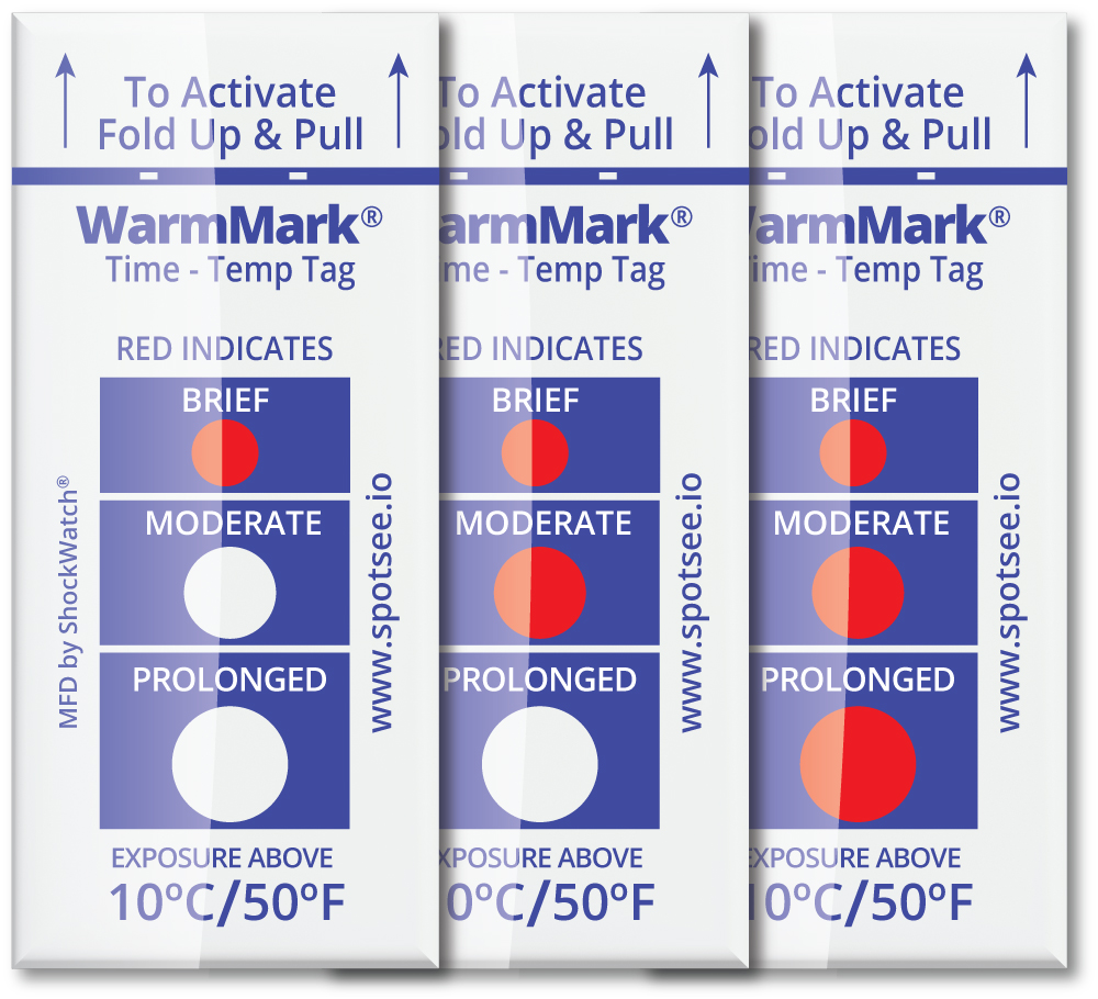 WarmMark Temperature Indicator Exposed to Temperatures Greater than 10C / 50F and indicated with red dots