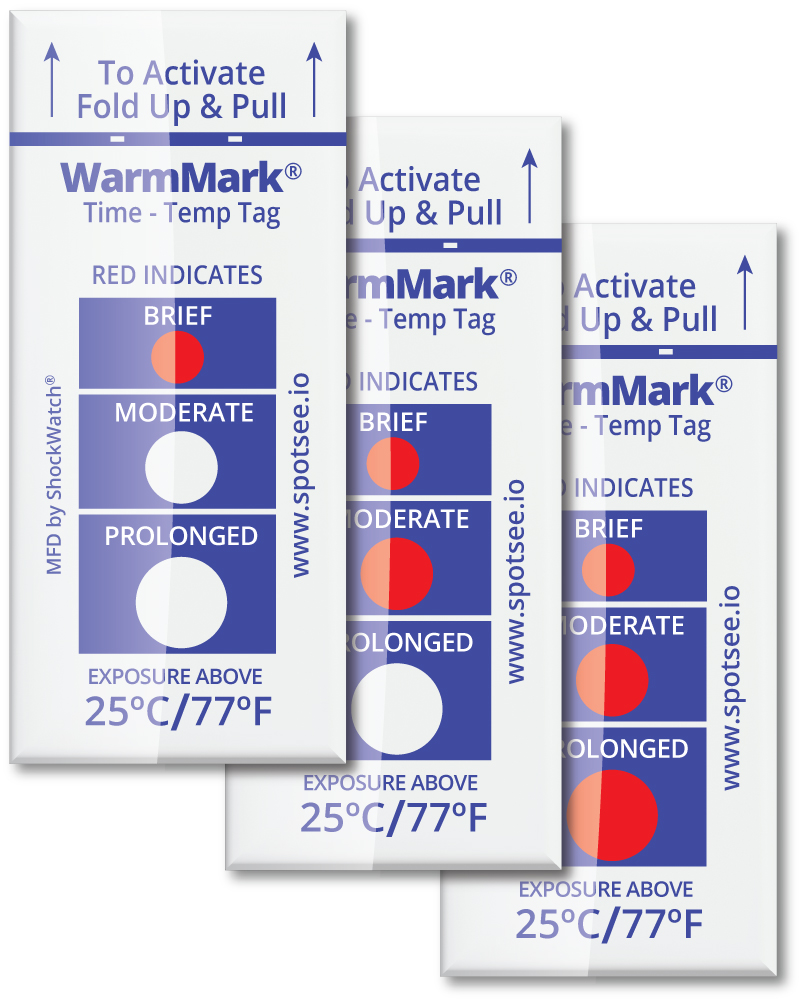 WarmMark Temperature Indicator Exposed to Temperatures Greater than 25C / 77F and indicated with red dots