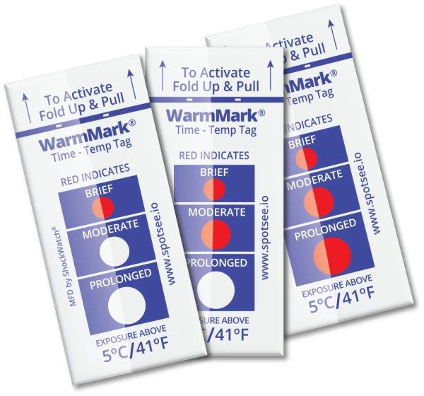 WarmMark Temperature Indicator 5C / 41F WarmMark Temperature Indicator Exposed to Temperatures Greater than 5C / 41F and indicated with red dots