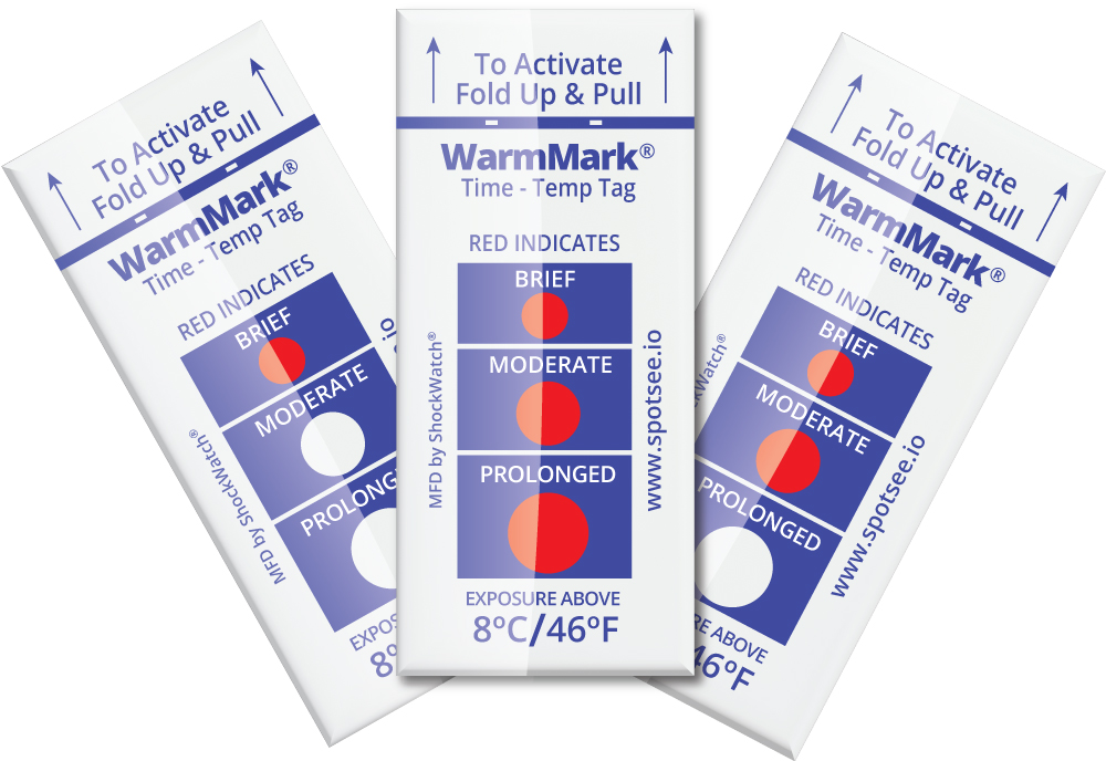 WarmMark Temperature Indicator Exposed to Temperatures Greater than 8C / 46F and indicated with red dots