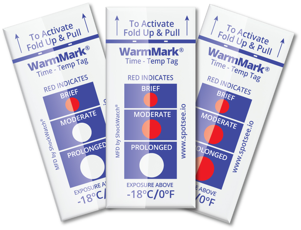 WarmMark Temperature Indicator Exposed to Temperatures Greater than minus 18C / 0F and indicated with red dots