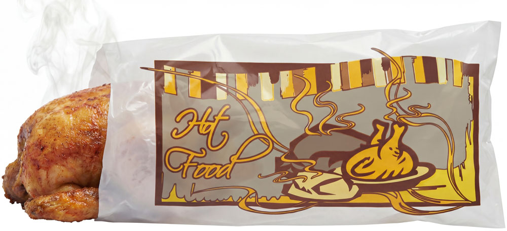 Rotisseri Chicken in a 6 x 4 x 14 Printed Hot Food Bag