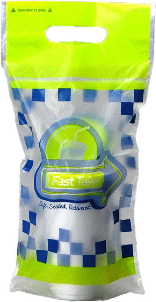7 x 14 + 2.5 + 3.5 Fast Take Printed Tamper Evident 1 Beverage Carrier Bag 7 x 14 + 2.5 + 3.5 Fast Take Printed Tamper Evident 1 Beverage Carrier Bag