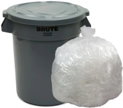 32 - 35 Gallon Trash Bags Gray Brute Trash Can with Clear Trash Bag and Black Drawstring Trash Bag
