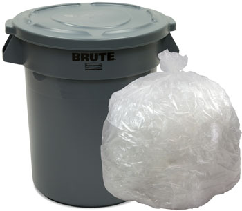 Gray Brute Trash Can with Clear Trash Bag and Black Drawstring Trash Bag