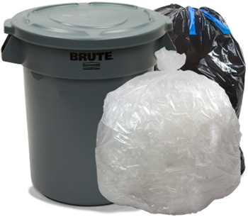 Gray Brute Trash Can with Clear Trash Bag and Black Drawstring Trash Bag