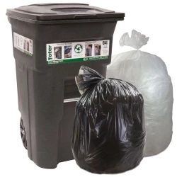 64 Gallon Trash Can with Black and Clear Trash Bags Next to it