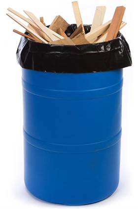Black Contracgtor Bag in Blue Barrel with wood sticking up