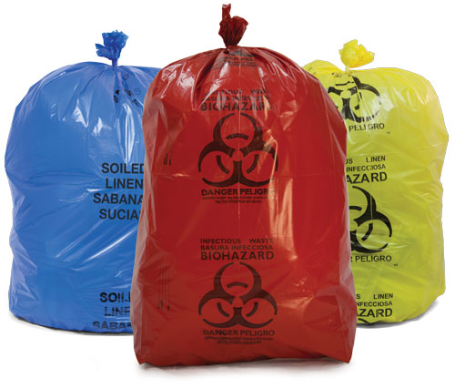 Blue, Yellow, and Red Biohazard Waste Bags