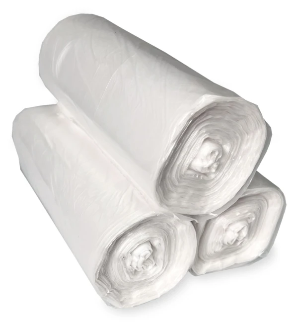 12-16 Gallon High Density Can Liners - 8 Micron Coreless Rolls 3 Coreless Rolls of 12-16 Gallon Natural High Density Garbage Can Liners 24 x 33 Laying on Top of Each Other
