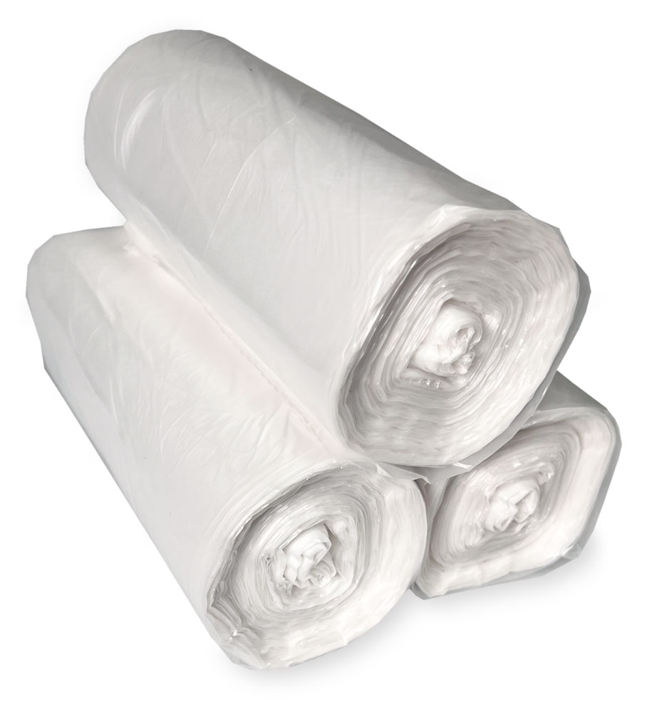3  Coreless Rolls of 12-16 Gallon Natural High Density Garbage Can Liners 24 x 33 Laying on Top of Each Other