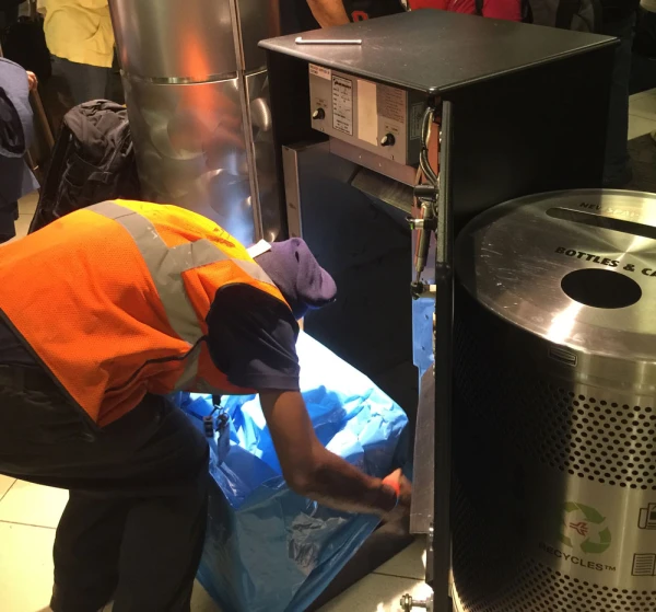 20-30 Gallon Blue Infectious Waste Garbage Bags 20-30 Gallon soiled linens trash bags being changed by worker