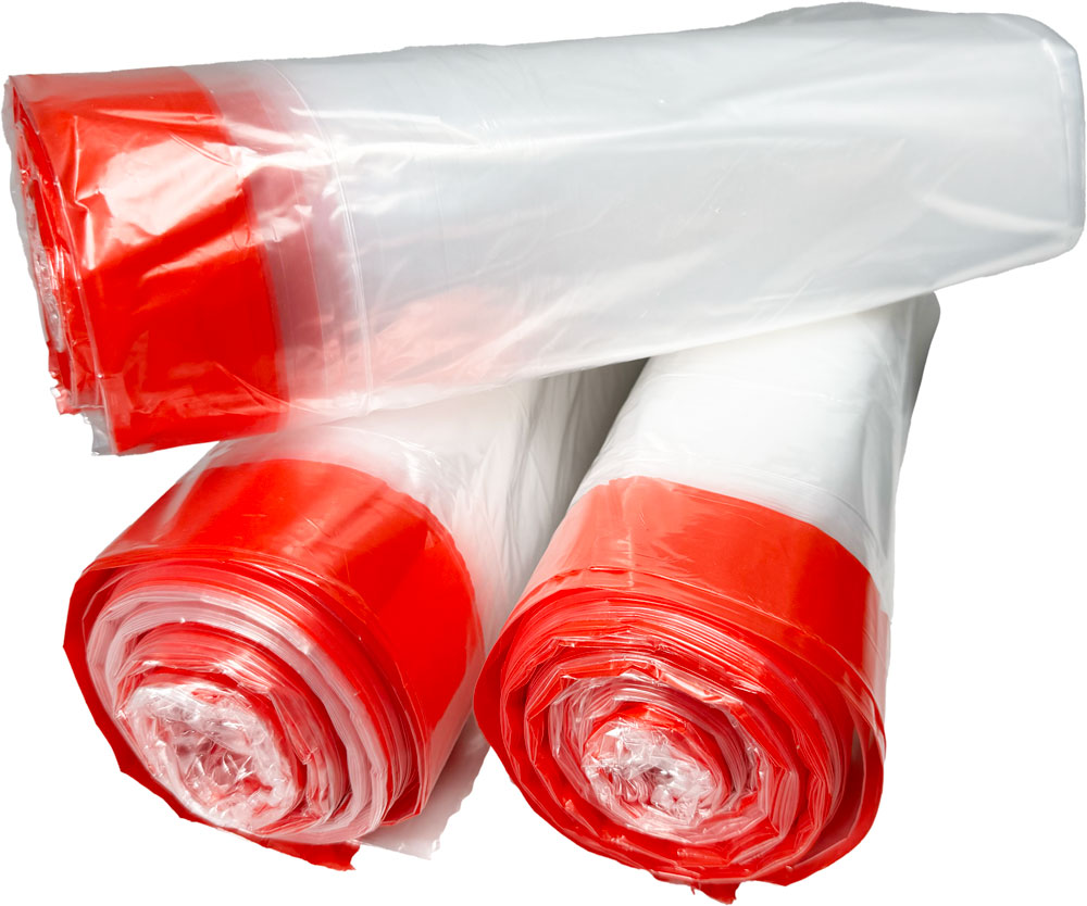 Coreless Rolls of Clear 23 Gallon Drawstring Trash Bags