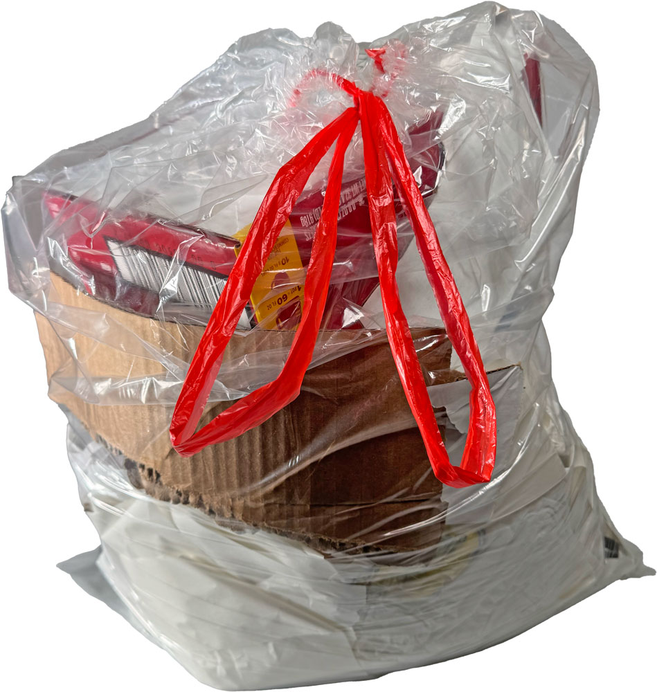 Clear 23 Gallon Drawstring Trash Bags Filled with Trash