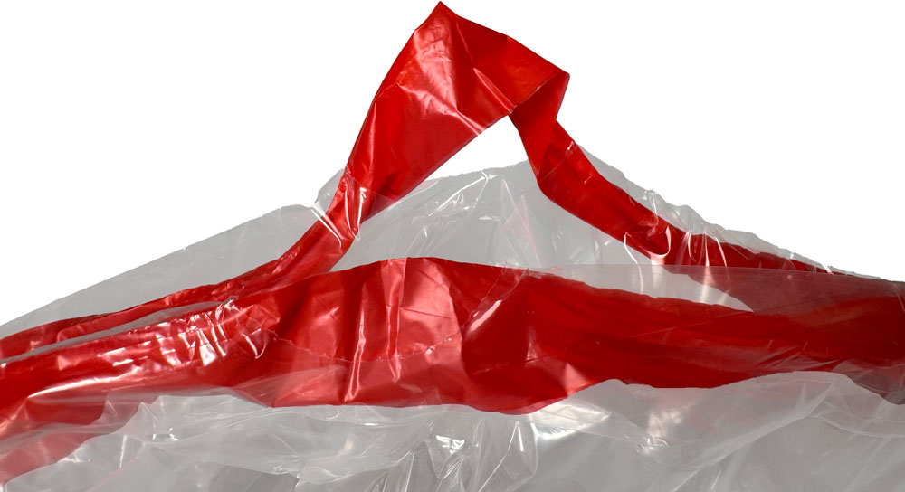 Red Drawstring Handle of Clear 23 Gallon Drawstring Trash Bags