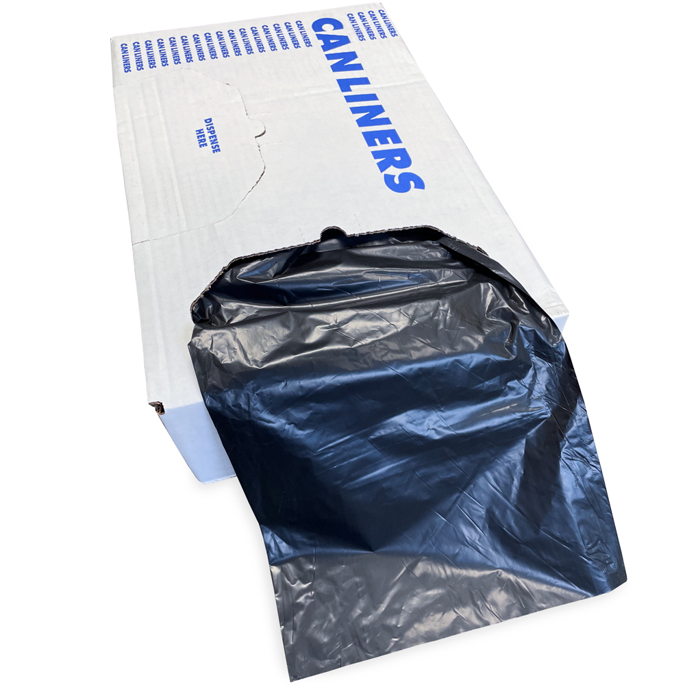 40-45 Gallon Black Repro Trash Bags - 2 Mil Bag Dispensed from Short Side of Dispenser Box