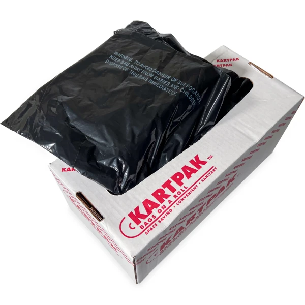 44 Gallon Black Drawstring Trash Bags - 1.2 Mil Dispensed 44 Gallon Black Drawstring Trash Bags - 1.2 Mil Pulled out of Dispenser Case