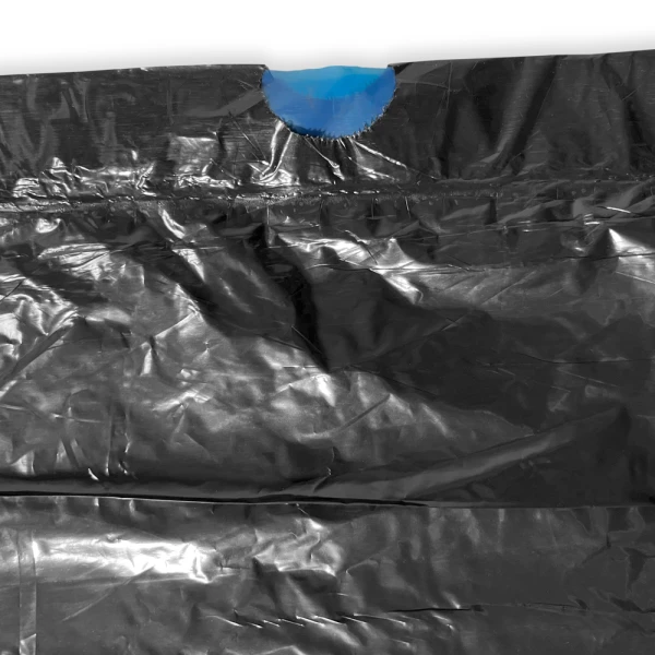 44 Gallon Black Drawstring Trash Bags - 1.2 Mil Blue Draw Tape Close up of 44 Gallon Black Drawstring Trash Bags - 1.2 Mil Blue Draw Tape
