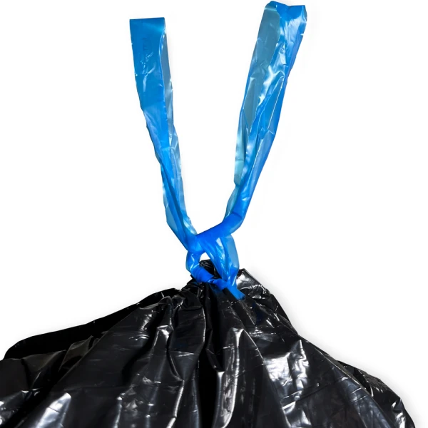 44 Gallon Black Drawstring Trash Bags - 1.2 Mil Tied 44 Gallon Black Drawstring Trash Bags - 1.2 Mil Tied Closed at the Top with Drawtape