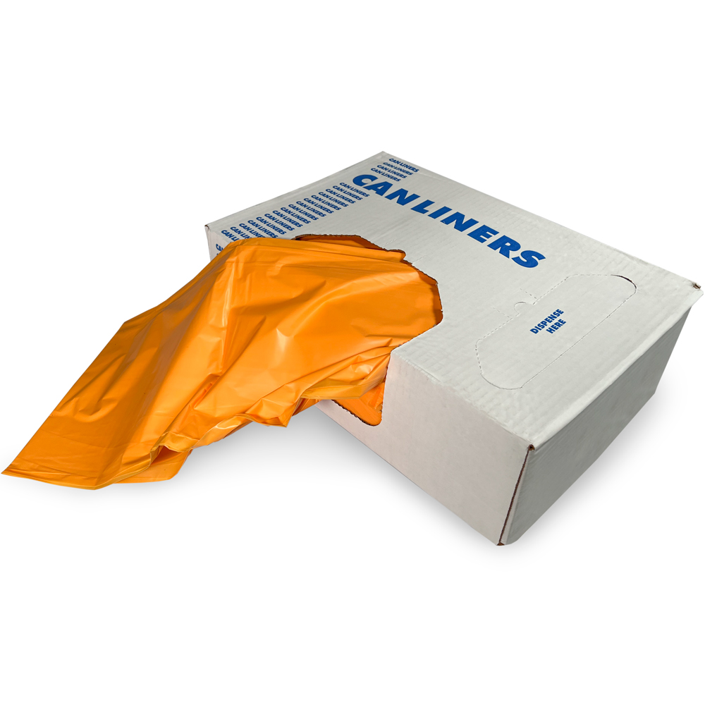 56 Orange Gallon Heavy Duty Trash Bags 2 Mil Dispensed from Opening on Long Side of Box