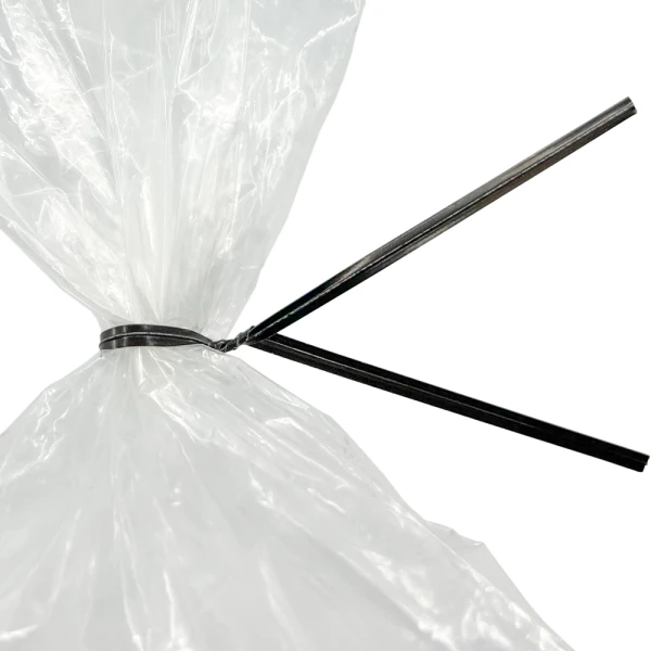10 Inch Black Paper Twist Ties Tied on Bag Close up of 10 Inch Black Paper Twist Ties Tied on Bag