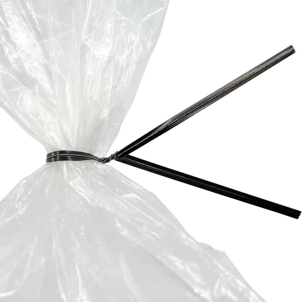 Close up of 10 Inch Black Paper Twist Ties Tied on Bag