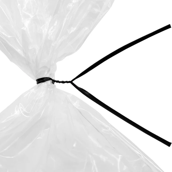 10 Inch Black Plastic Twist Ties Tied on Bag Close up of 10 Inch Black Plastic Twist Ties Tied on Bag