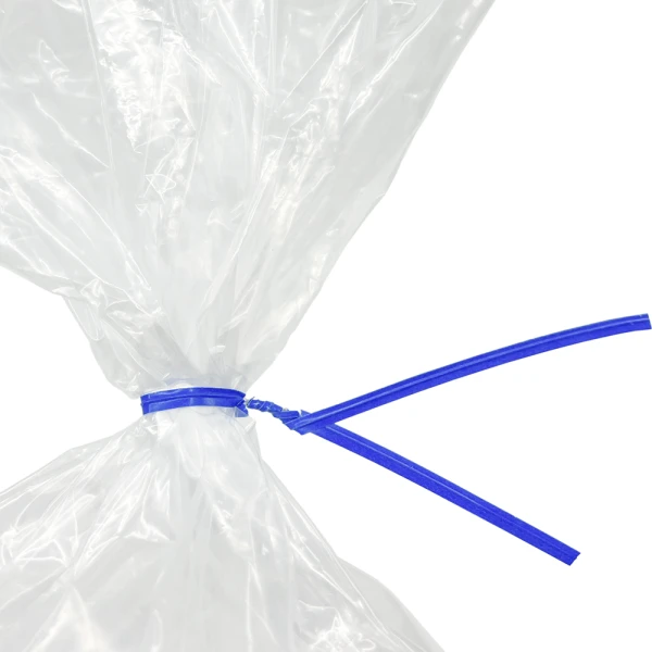 10 Inch Blue Paper Twist Ties Tied on Bag Close up of 10 Inch Blue Paper Twist Ties Tied on Bag