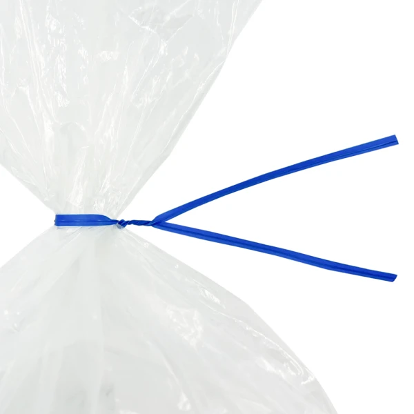 10 Inch Blue Plastic Twist Ties Tied on Bag Close up of 10 Inch Blue Plastic Twist Ties Tied on Bag