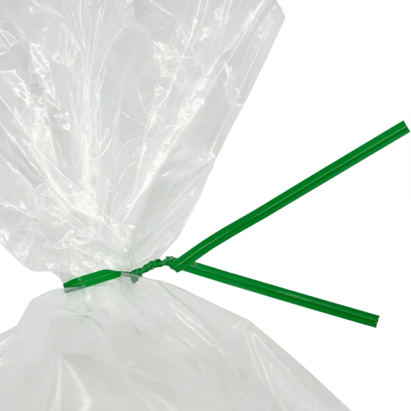 10 Inch Green Paper Twist Ties Tied on Bag Close up of 10 Inch Green Paper Twist Ties Tied on Bag