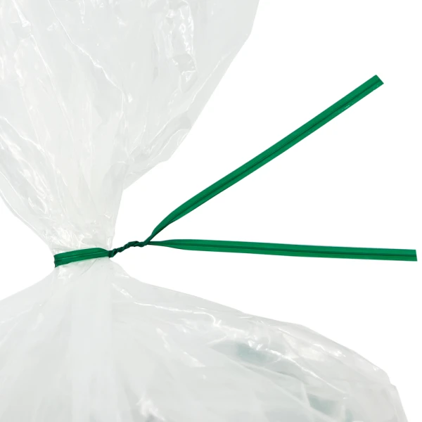 10 Inch Green Plastic Twist Ties Tied on Bag Close up of 10 Inch Green Plastic Twist Ties Tied on Bag