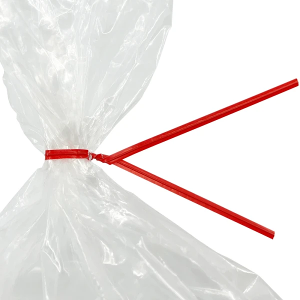 10 Inch Red Paper Twist Ties Tied on Bag Close up of 10 Inch Red Paper Twist Ties Tied on Bag
