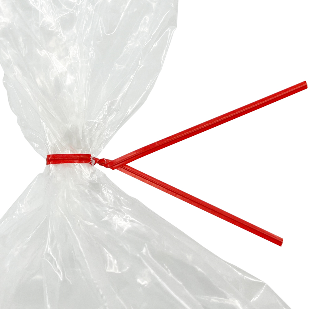 Close up of 10 Inch Red Paper Twist Ties Tied on Bag