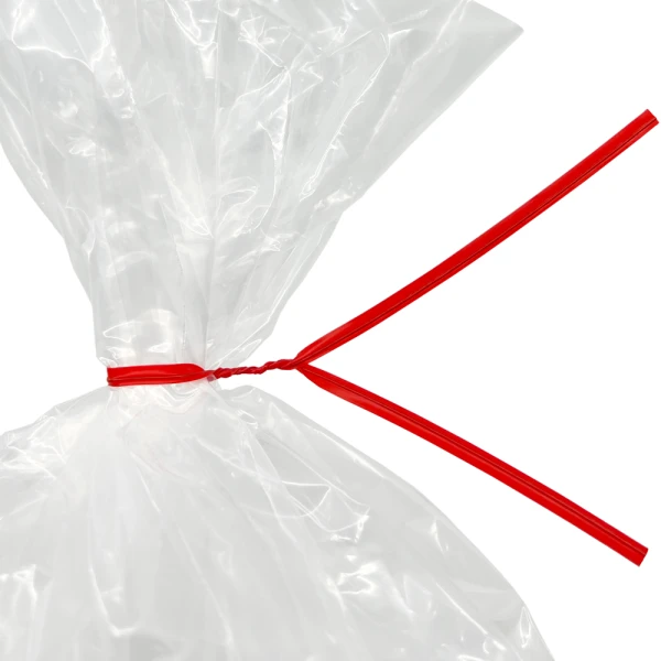 10 Inch Red Plastic Twist Ties - 1000/Pack Tied to Bag Close up of 10 Inch Red Plastic Twist Ties - 1000/Pack Tied to Bag