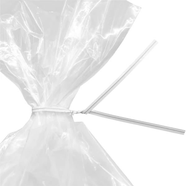 10 Inch White Paper Twist Ties Tied on Bag Close up of 10 Inch White Paper Twist Ties Tied on Bag