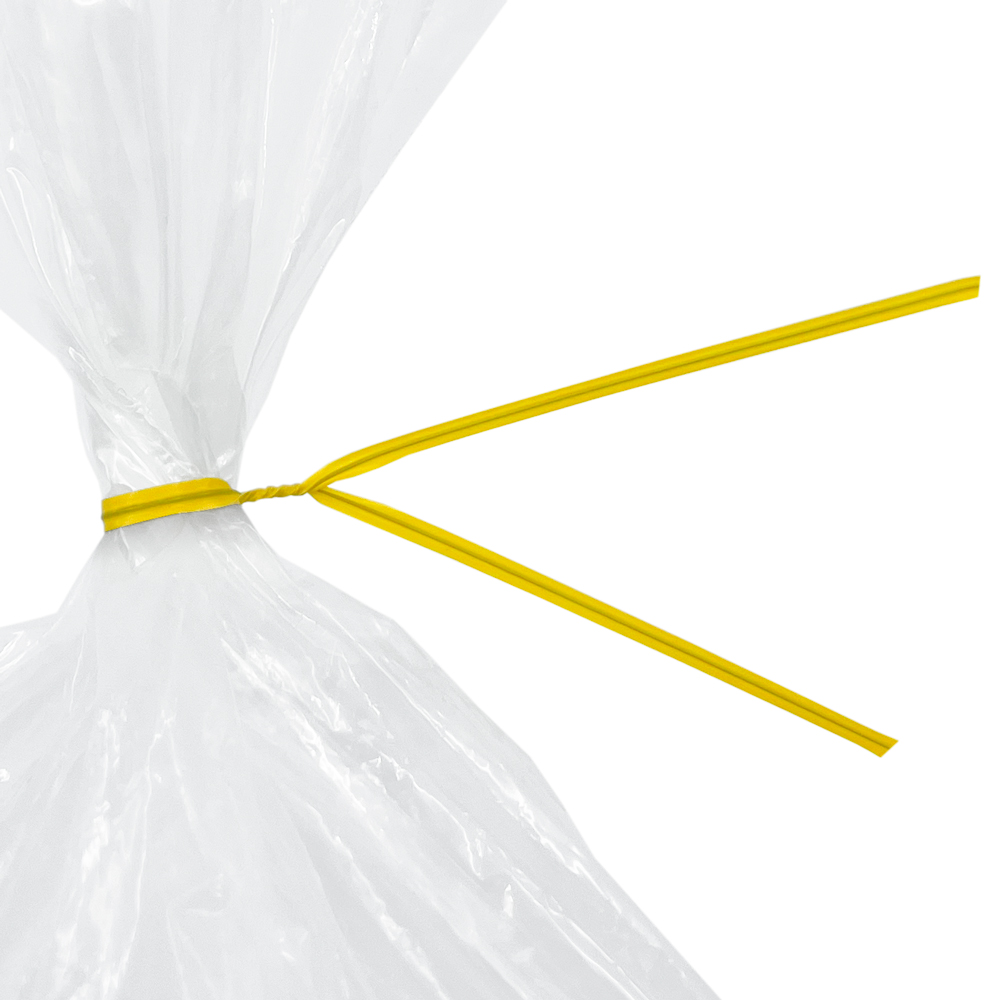 Close Up of 10 Inch Yellow Plastic Twist Ties Tied Bag