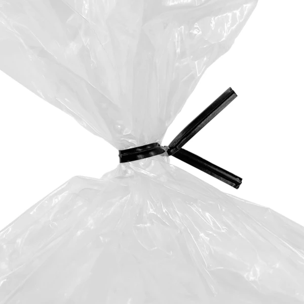 4 Inch Black Paper Twist Ties Tied on Bag Close up of 4 Inch Black Paper Twist Ties Tied on Bag